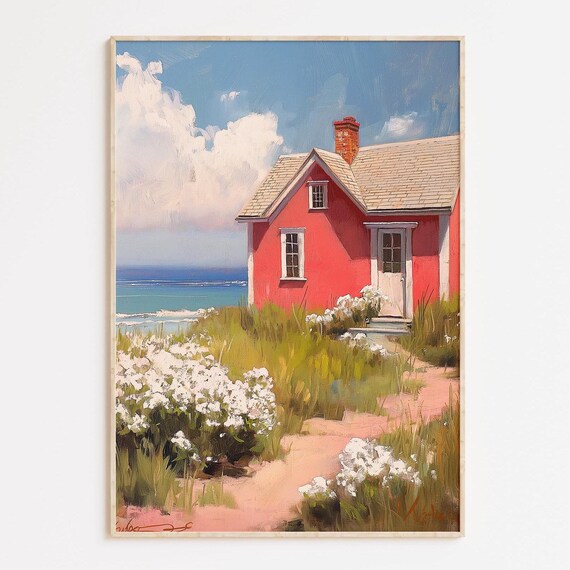 Red Cottage By The Sea White Wildflowers Coastal Painting Poster