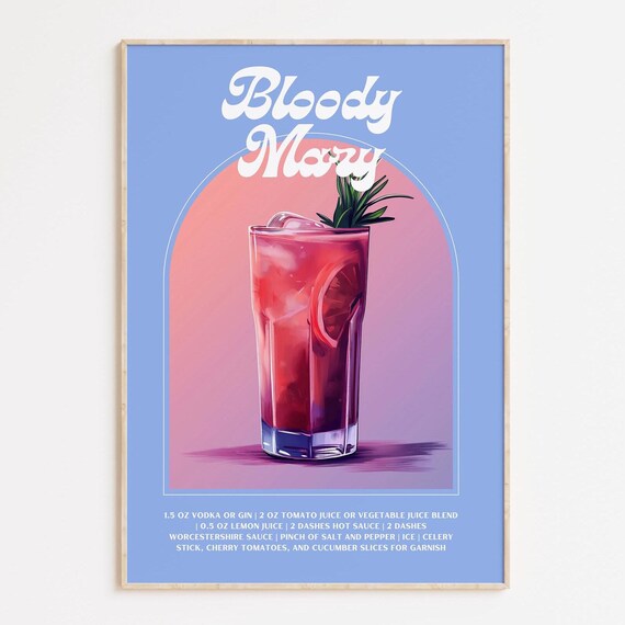 Classic Bloody Mary Cocktail Recipe Retro Blue Bar Cart Wall Art
