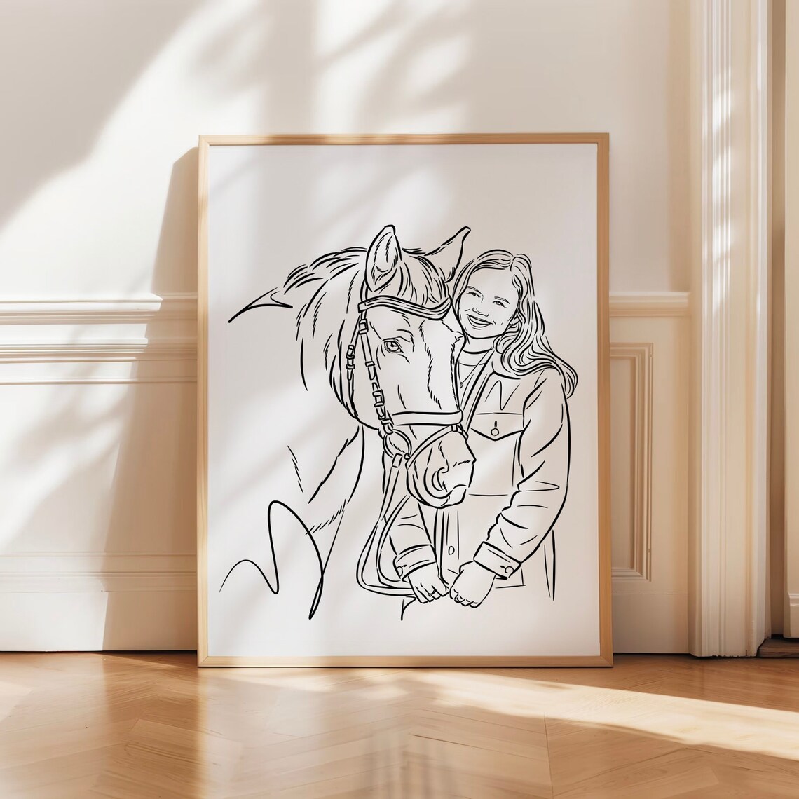 Equestrian Girl and Horse Line Art Portrait Print for Riders
