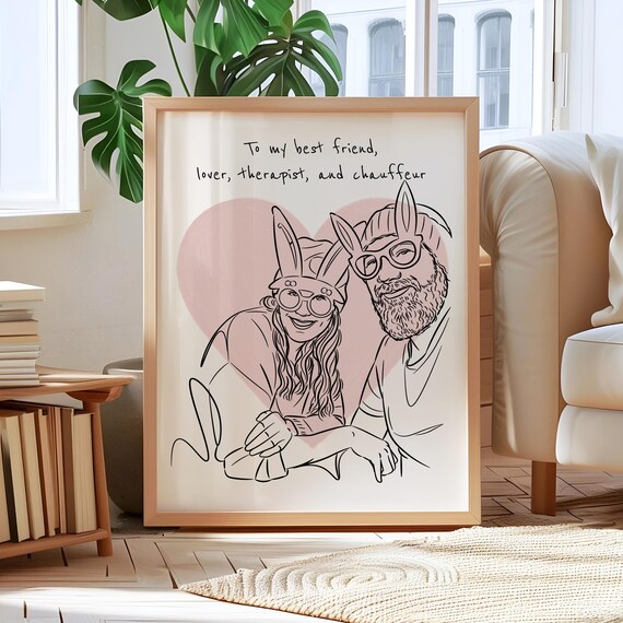 Funny Couple Portrait Custom Best Friend Lover Line Art Gift Personalized Minimalist Anniversary Drawing Unique Keepsake For Holiday
