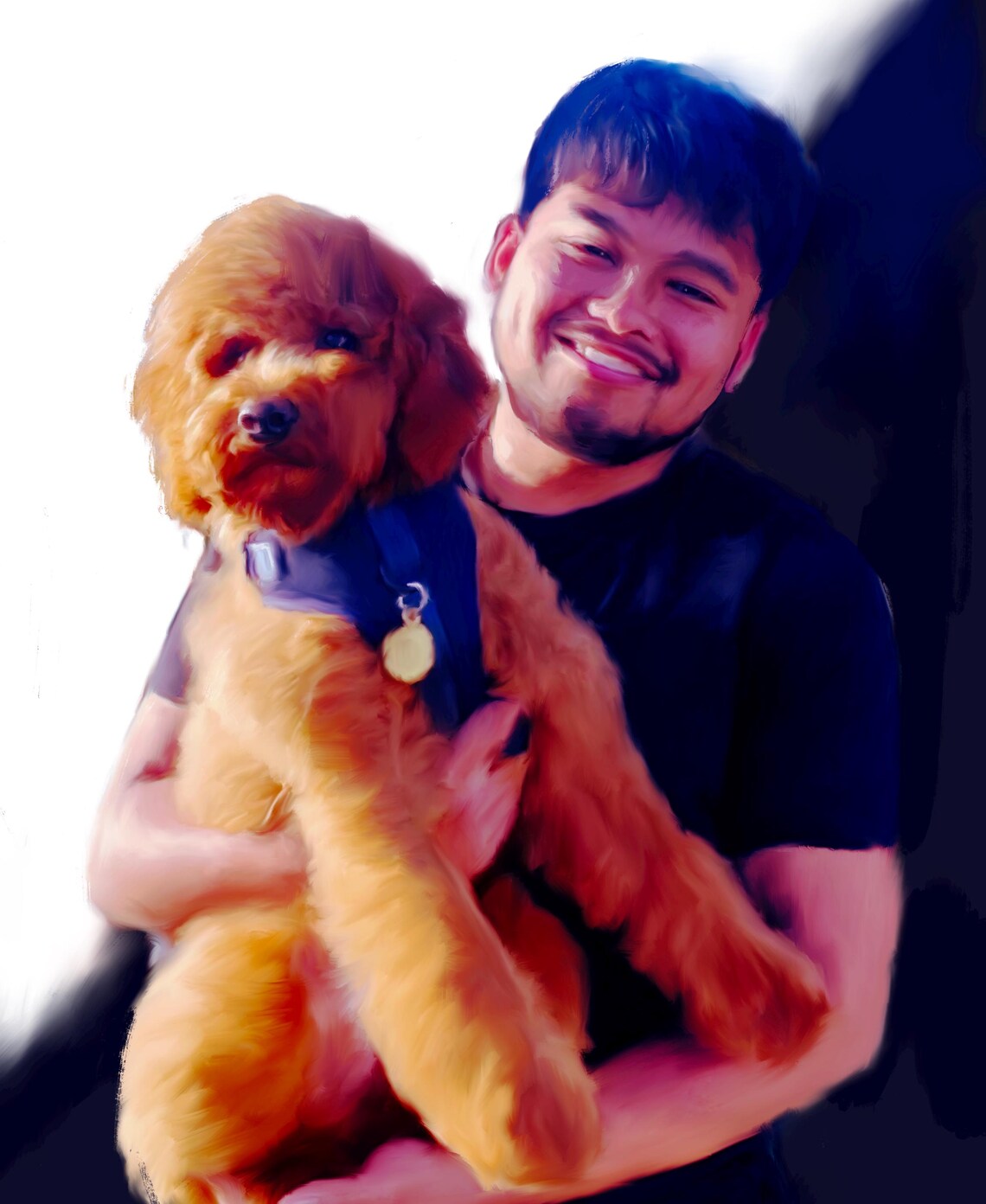 Woman Holding Golden Doodle Puppy Painted Portrait Bright Blue Poster - Image 3