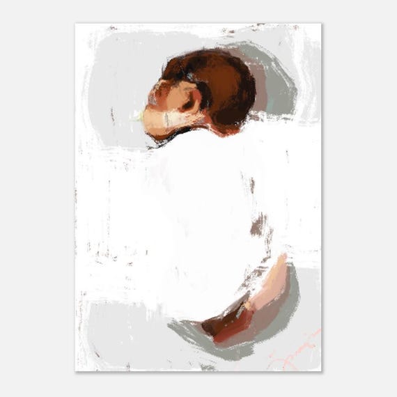 Sleeping Baby Wall Art Print Moody Semi Abstract Poster Soothing And Calming Original Illustration Vintage Drawing On Premium Paper