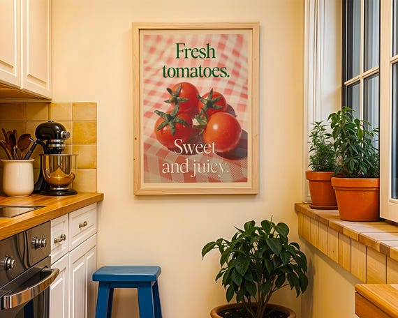 Fresh Tomatoes Kitchen Print Retro 90s Poster Food New Home Gift Tomato Wall Art Italian Restaurant Cafe Bistro Decor