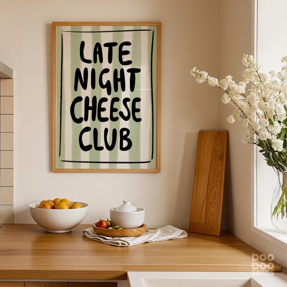 Late Night Cheese Club Print Cute Kitchen Poster Dopamine Decor Preppy Student Dorm Wall Art Gift Snack Lover Cafecore Dreams