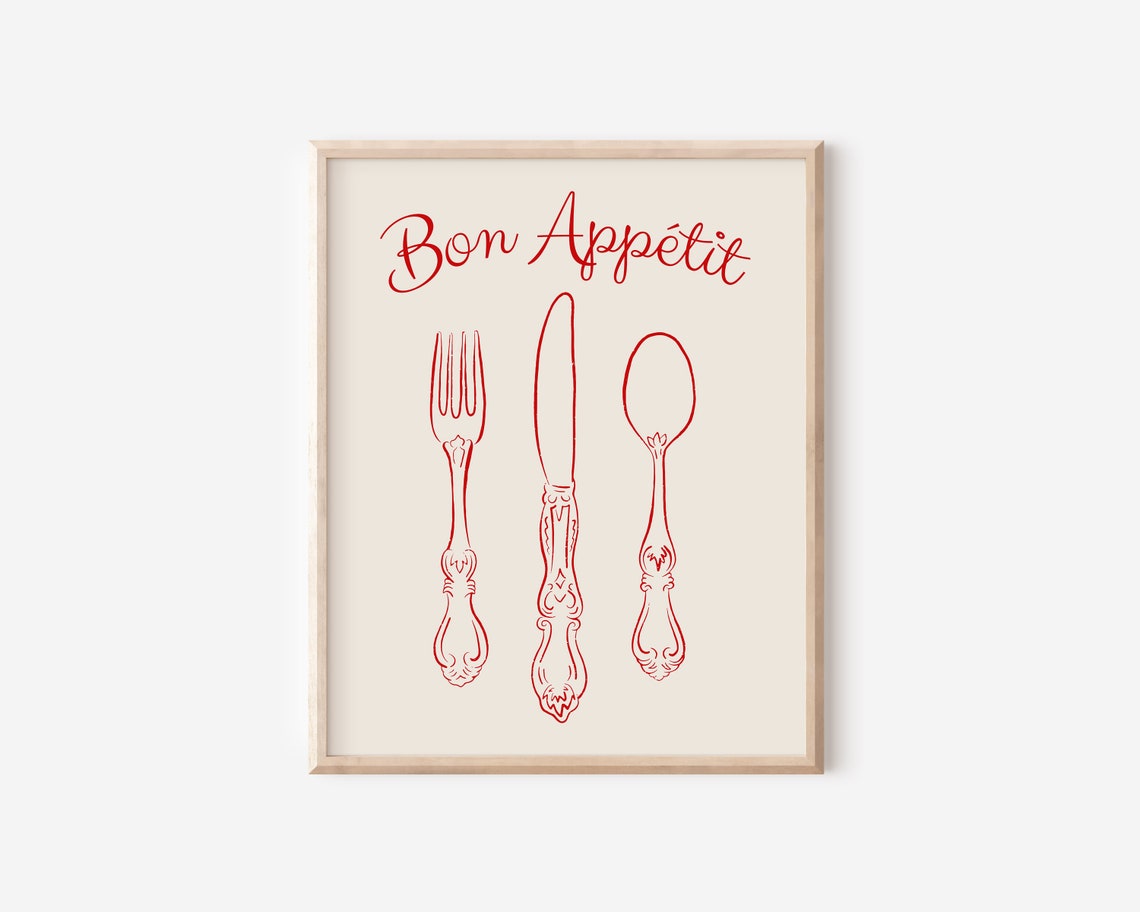 Bon Appetit Red Script Cutlery Line Drawing Kitchen Decor Wall Poster