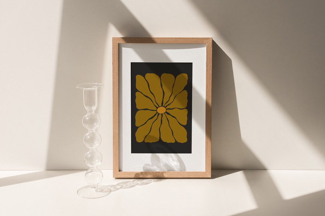 Retro Autumn Flower Illustration Olive Black Groovy Floral Poster - Image 3