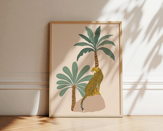 Cheetah and Palm Trees Illustration Tropical Safari Decor Poster