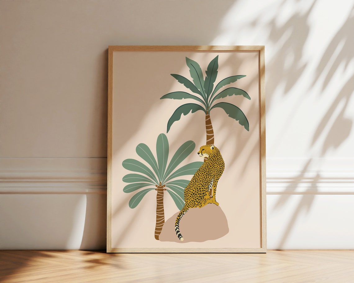 Cheetah and Palm Trees Illustration Tropical Safari Decor Poster