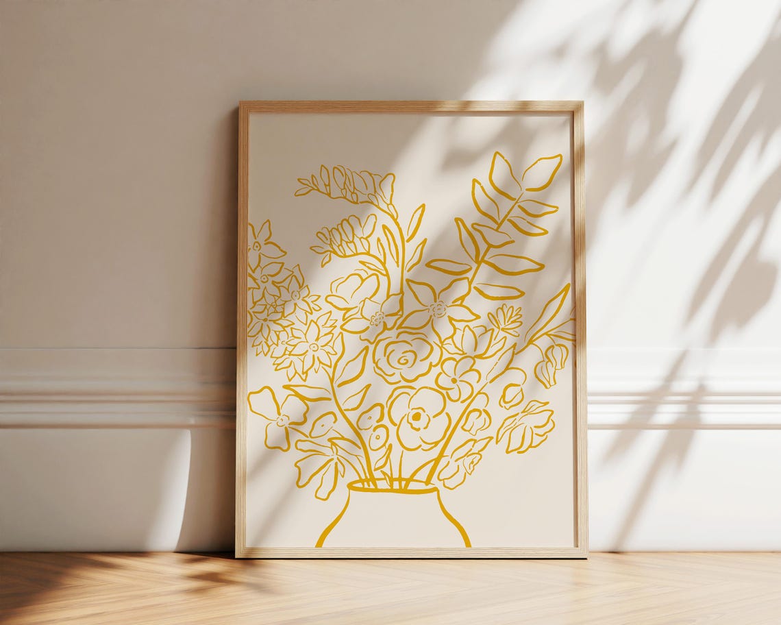 Gold Flower Bouquet Vase Line Art Minimalist Botanical Poster - Image 2