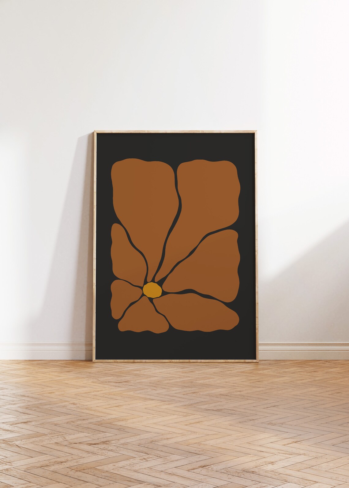Copper Brown Groovy Flower Amber Heart Deep Black Retro Poster