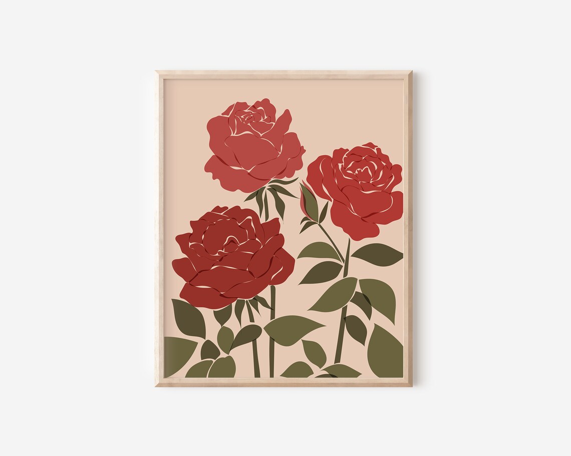 Red Rose Abstract Botanical Boho Art Print