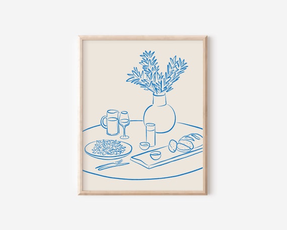 Table Setting Ink Drawing Restaurant Art Print Girl Dinner Line Art Illustration Kitchen Art Artwork Instant