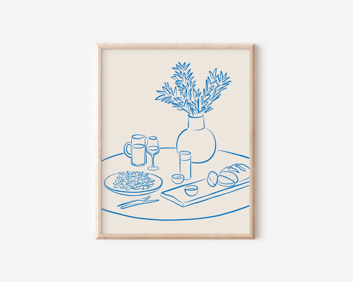 Table Setting Ink Drawing Restaurant Art Print Girl Dinner Line Art Illustration Kitchen Art Artwork Instant
