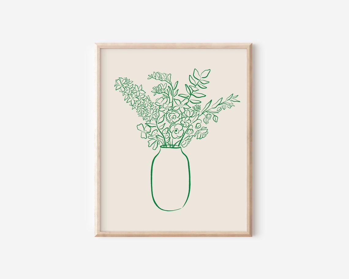 Flower Vase Ink Line Drawing Green Botanical Minimal Decor Poster