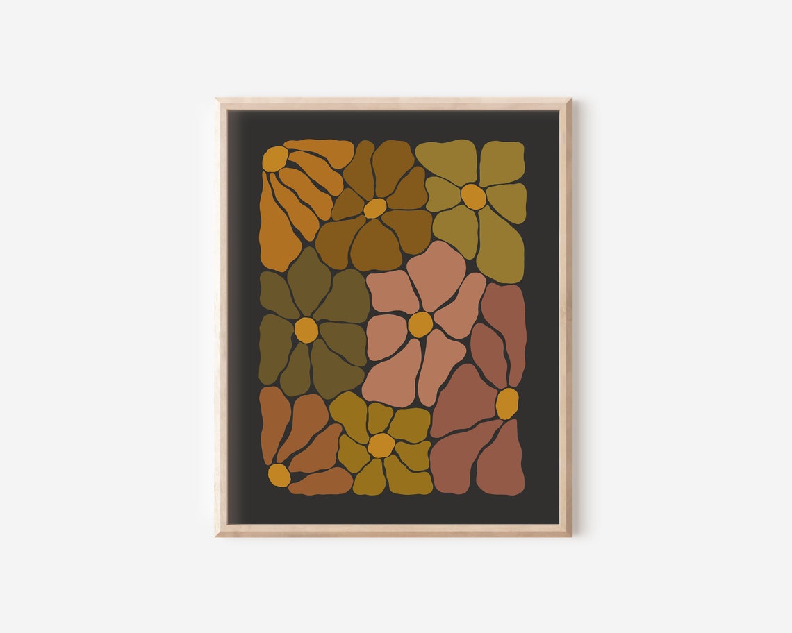 Retro Groovy Flower Mosaic Pattern Autumn Colorful Dark Wall Art - Image 2
