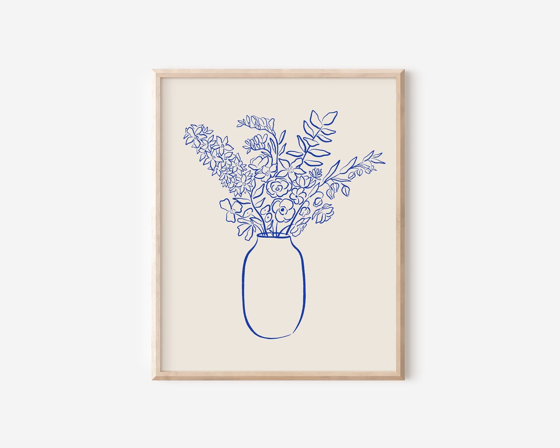 Blue Ink Flower Bouquet Vase Minimalist Line Drawing Botanical Poster - Image 2