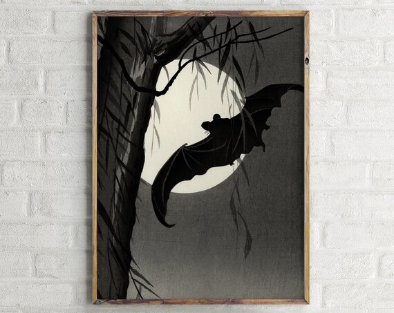 Bat Under Full Moon Japanese Woodblock Style Night Wildlife Wall Art
