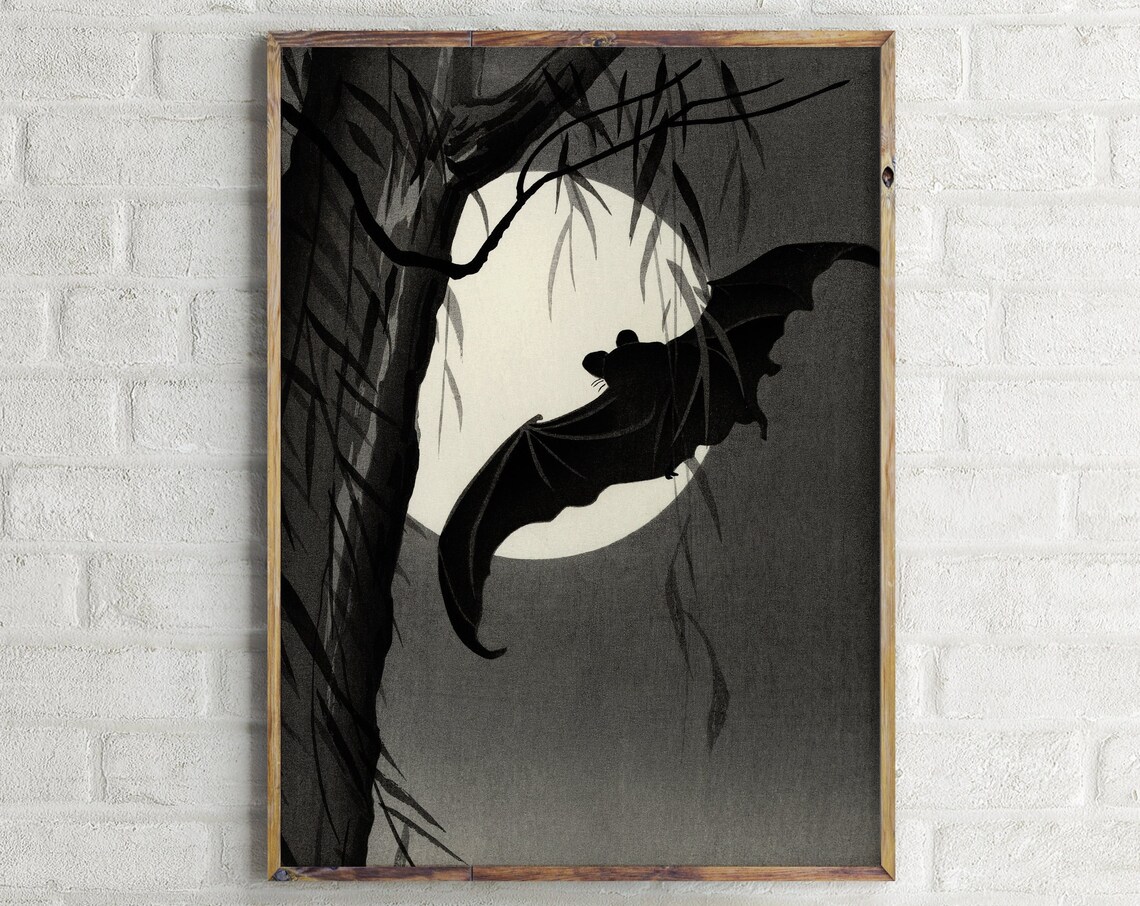 Bat Under Full Moon Japanese Woodblock Style Night Wildlife Wall Art