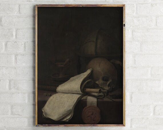 Skull With Open Book Dark Still Life Painting Moody Academia Print