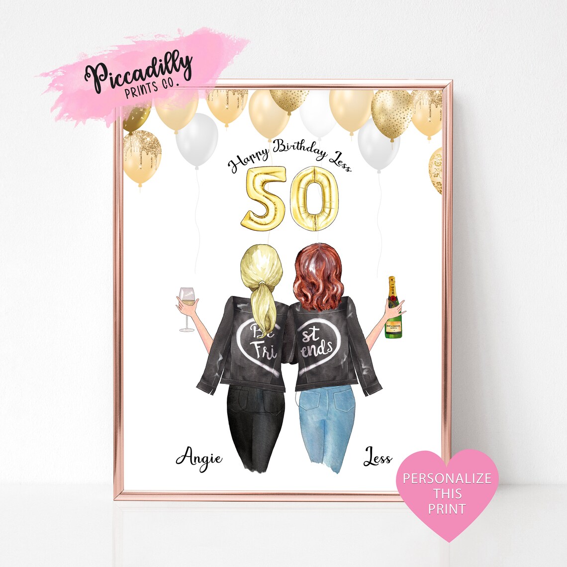 Personalised 50th Birthday Best Friends Custom Name Gold Balloon Poster