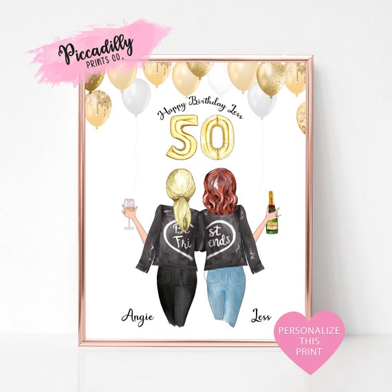 Personalised 50th Birthday Gift For Her Custom Best Friends Portrait Friendship Illustration Print Present Up To 7