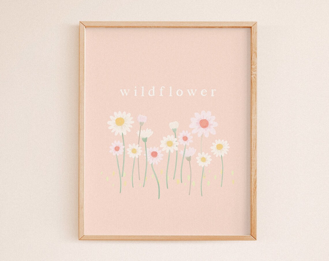 Wildflower Daisy Botanical Blush Pink Floral Watercolor Art Poster