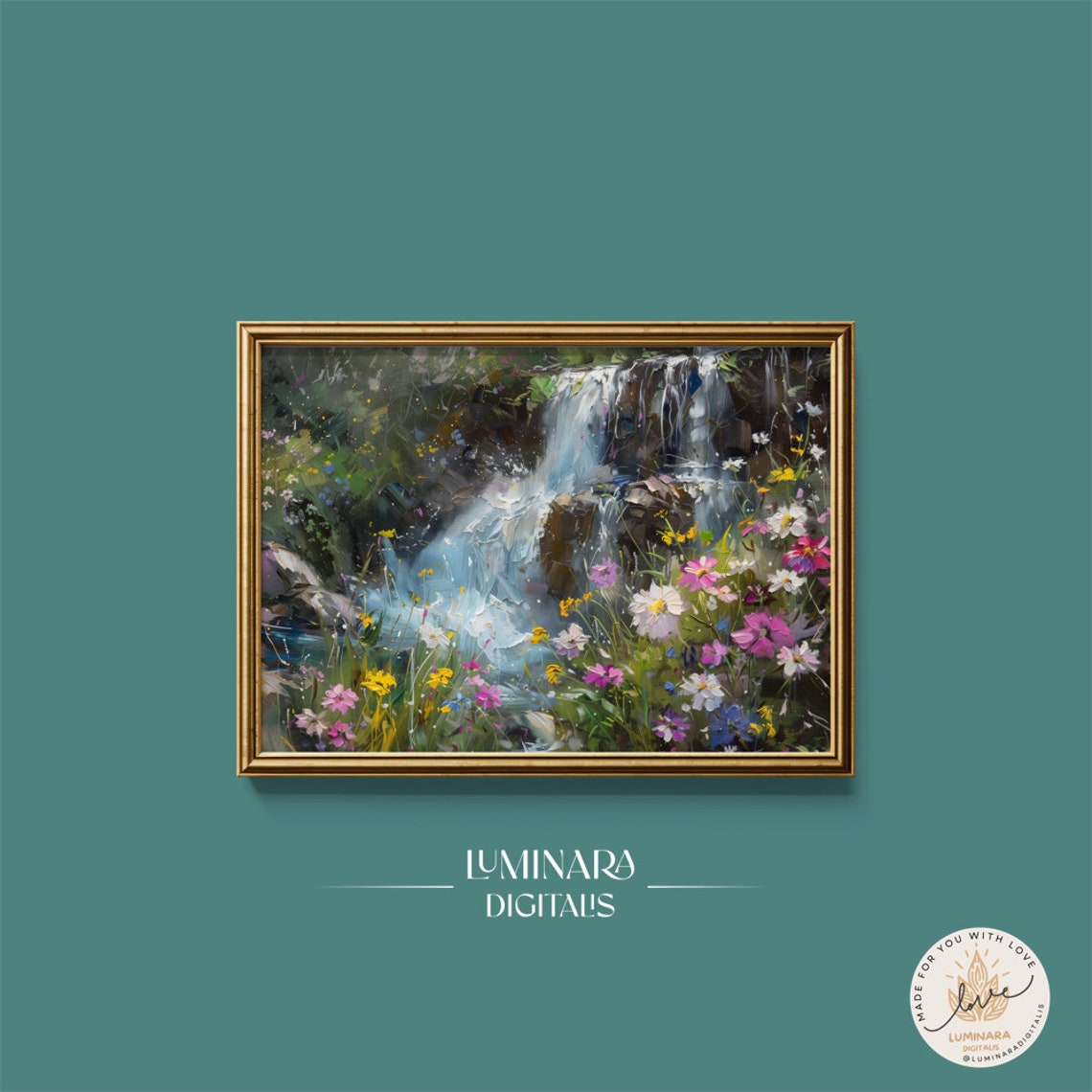 Waterfall Cascading Behind Colorful Wildflowers Impressionist Poster