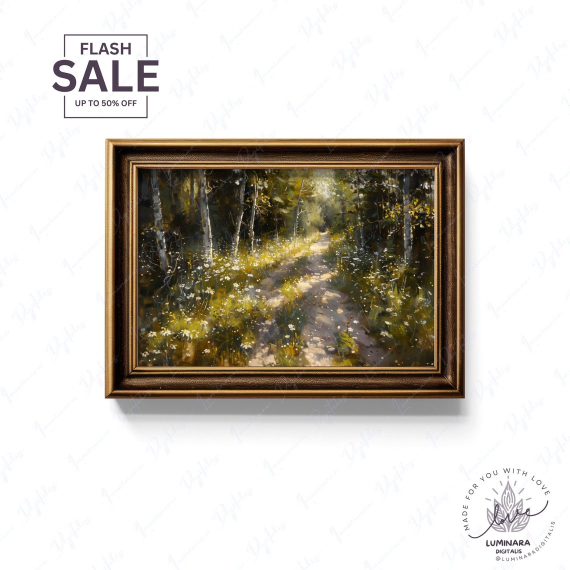 Sunlit Forest Path With Wildflowers Pointillism Nature Art Poster - Image 2