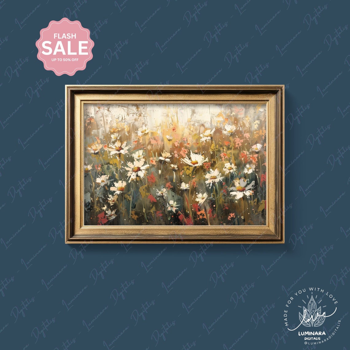 Wild Daisy Meadow Glowing In Warm Golden Light Impressionist Print - Image 4