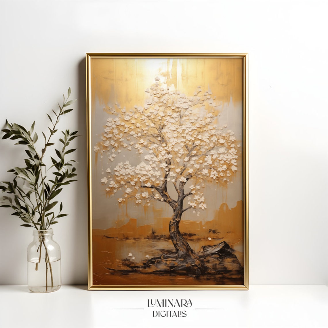 White Blossom Tree On A Golden Textured Background Art Print - Image 4