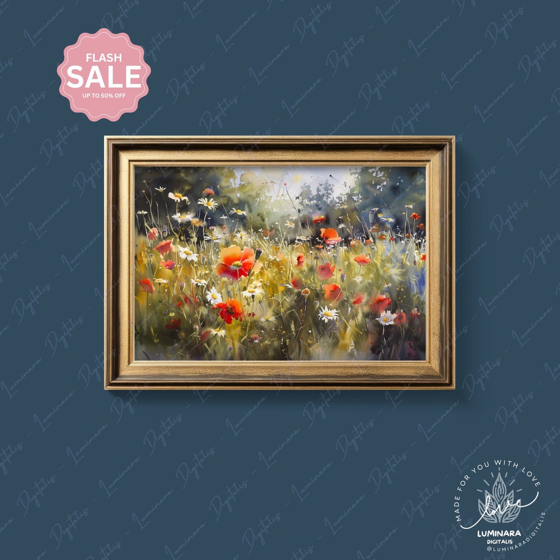 Watercolor Meadow Of Poppies And Daisies In Morning Light Poster - Image 4