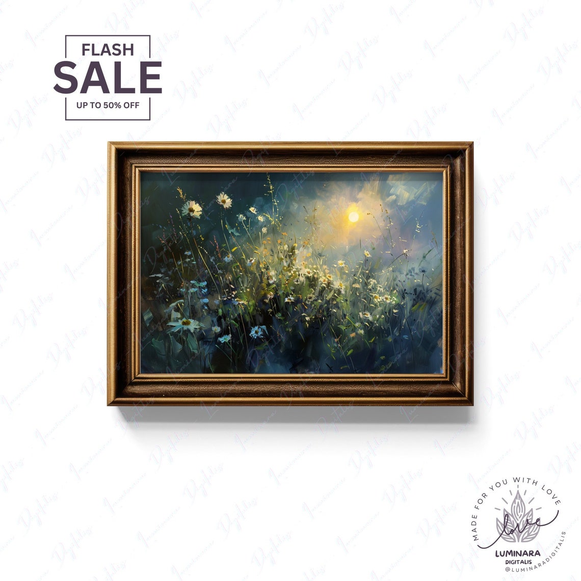 Moonlit Wildflower Meadow Night Impressionist Floral Art Print - Image 2
