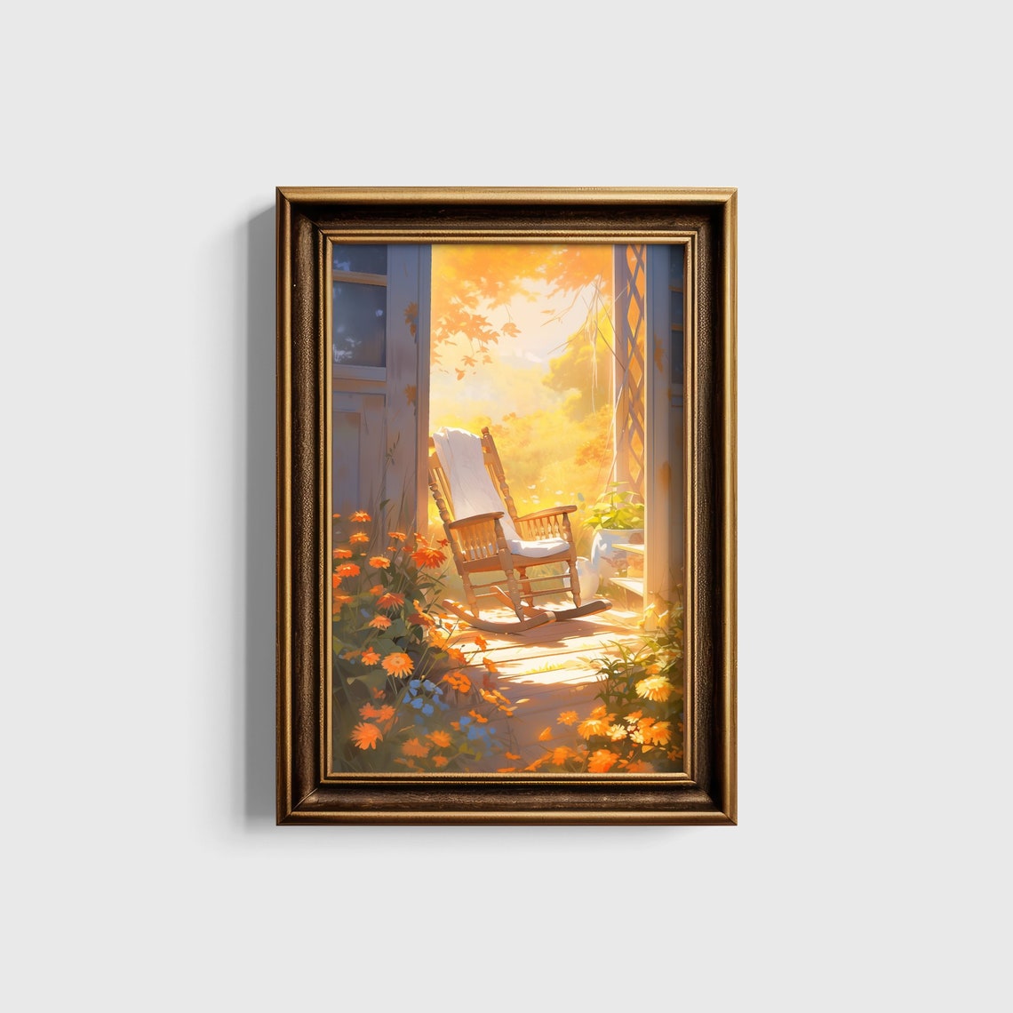 Sunlit Porch Rocking Chair Among Orange Autumn Blooms Art Print - Image 5
