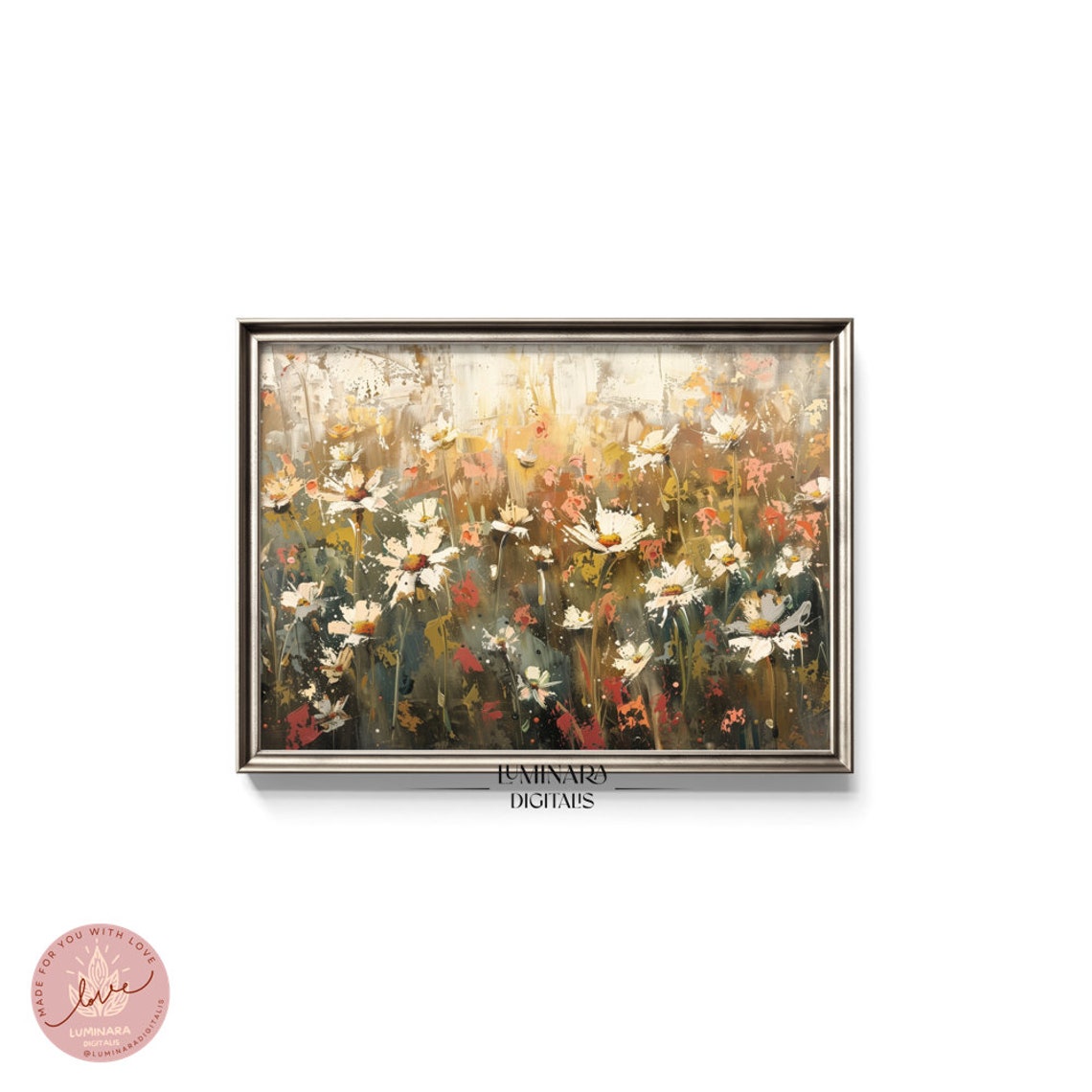 Wild Daisy Meadow Glowing In Warm Golden Light Impressionist Print - Image 5