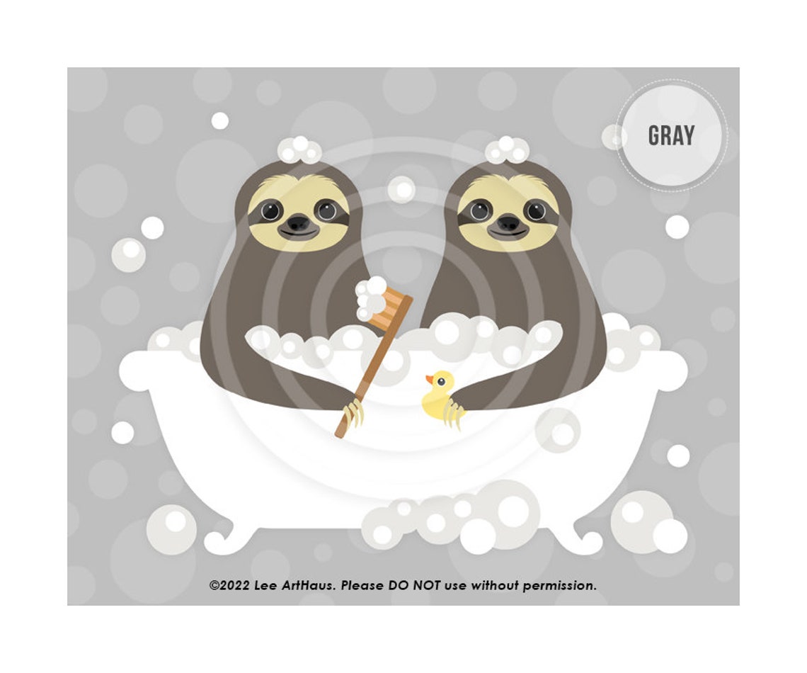 Two Cute Sloths Sharing Bubble Bath Bright Teal Bathroom Art Print - Image 3