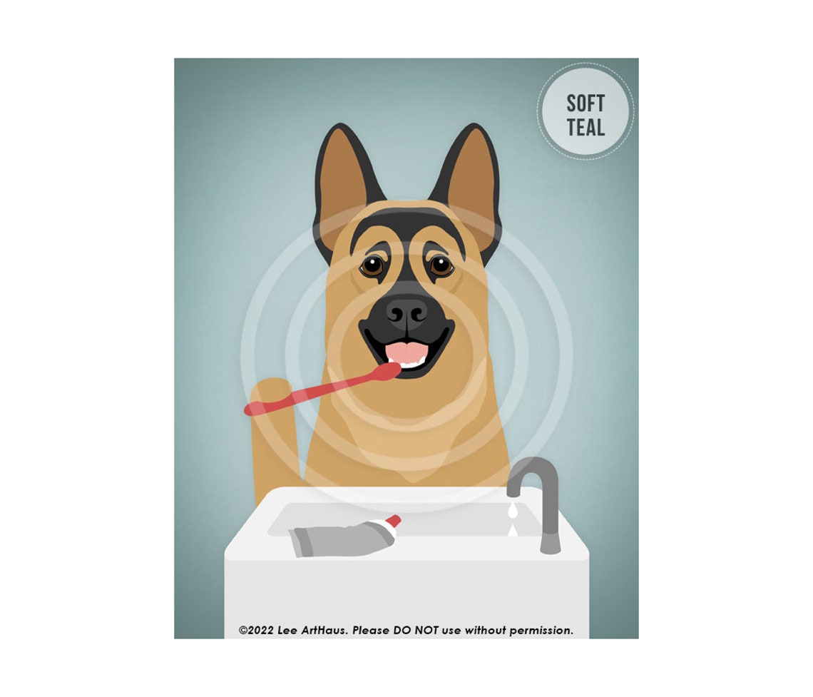 German Shepherd Brushing Teeth Bathroom Sink Toothbrush Dog Poster