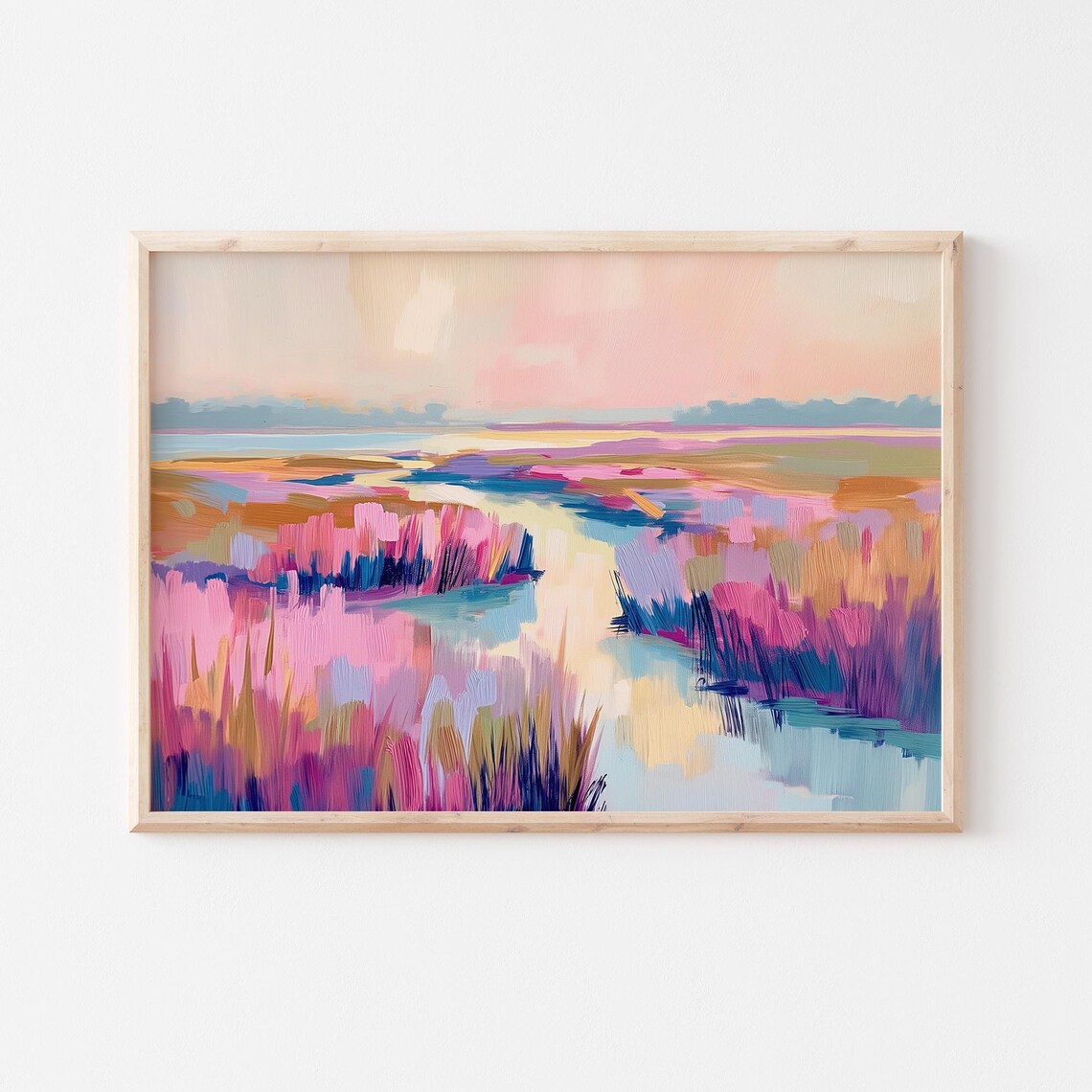 Vibrant Pink Marsh Reeds Around Winding Creek Modern Art Poster - Image 6