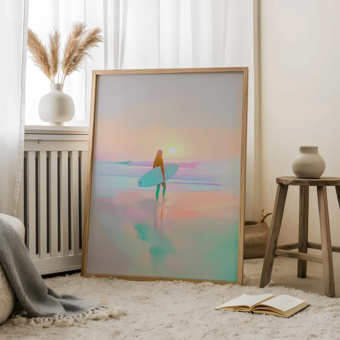 Surfer Girl Silhouette With Board At Pastel Sunset Beach Poster - Image 6
