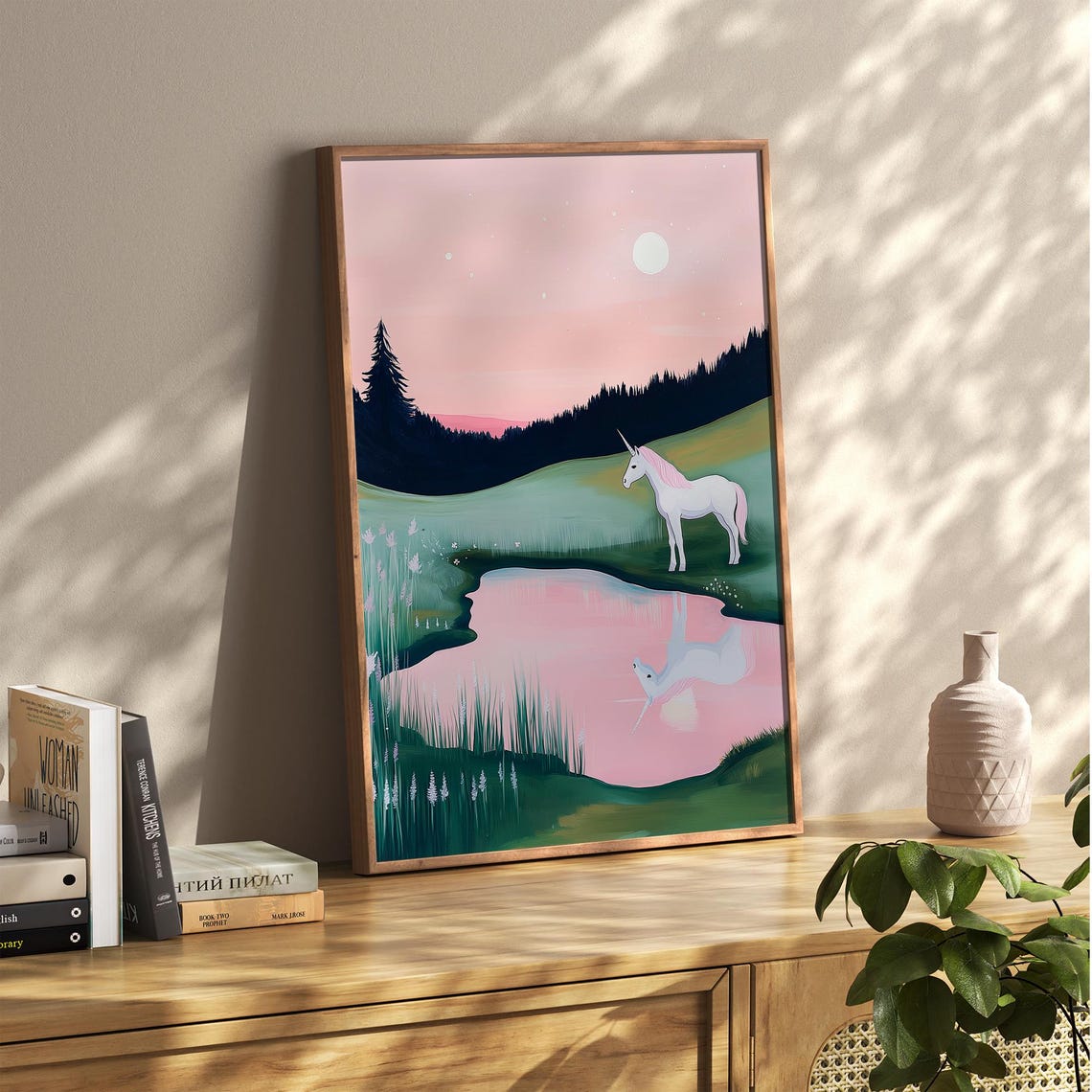 Moonlit White Unicorn At Pond Under Pink Night Sky Fantasy Poster - Image 2