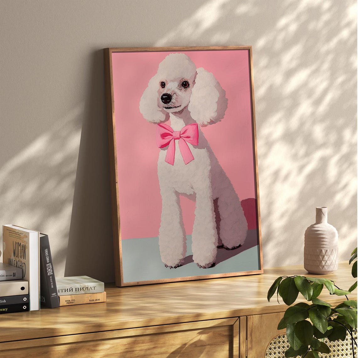 White Poodle With Pink Bow Preppy Pink Dog Nursery Decor Poster - Image 2