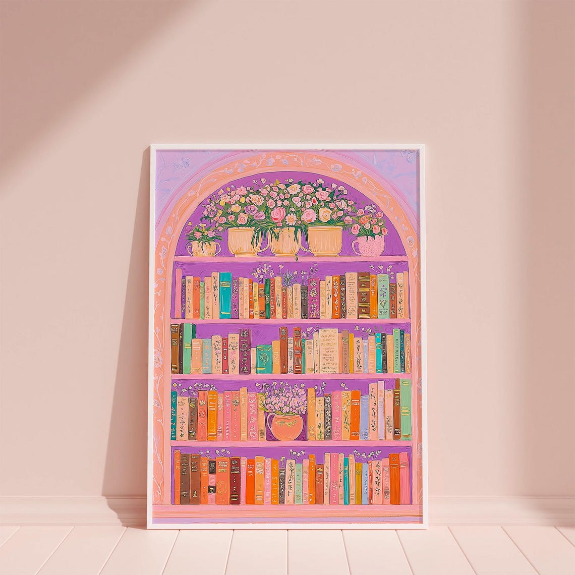 Pink Library Bookshelf Arch Floral Roses Reading Nook Wall Art - Image 6