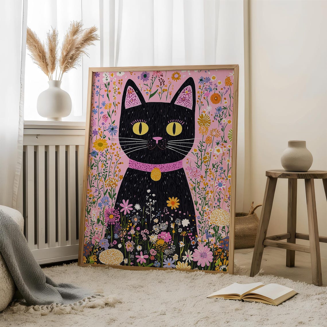 Black Cat in Blooming Wildflower Garden Whimsical Folk Art Poster - Image 4