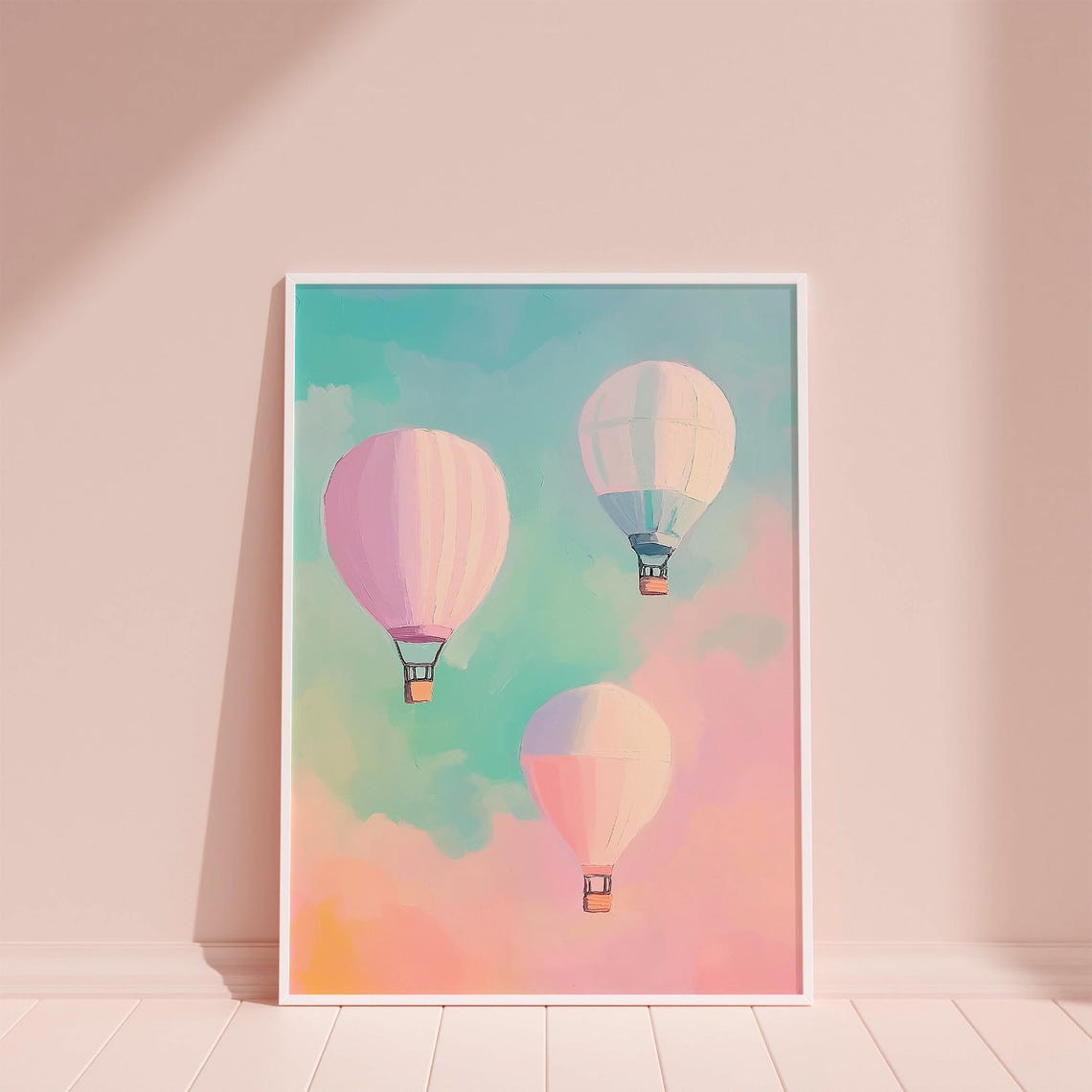 Three Pastel Hot Air Balloons Drifting in a Pink Teal Sky Poster - Image 6