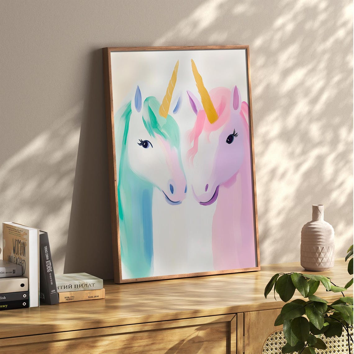 Two Pastel Unicorns Facing Each Other Twin Girls Room Decor Poster - Image 2