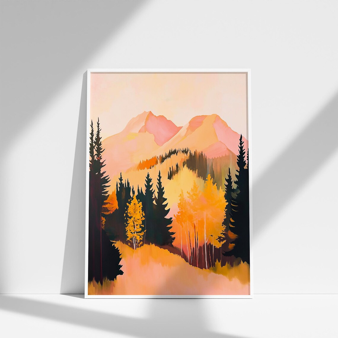 Pink Mountain Peaks Rising Over Golden Autumn Pines Landscape Poster - Image 3