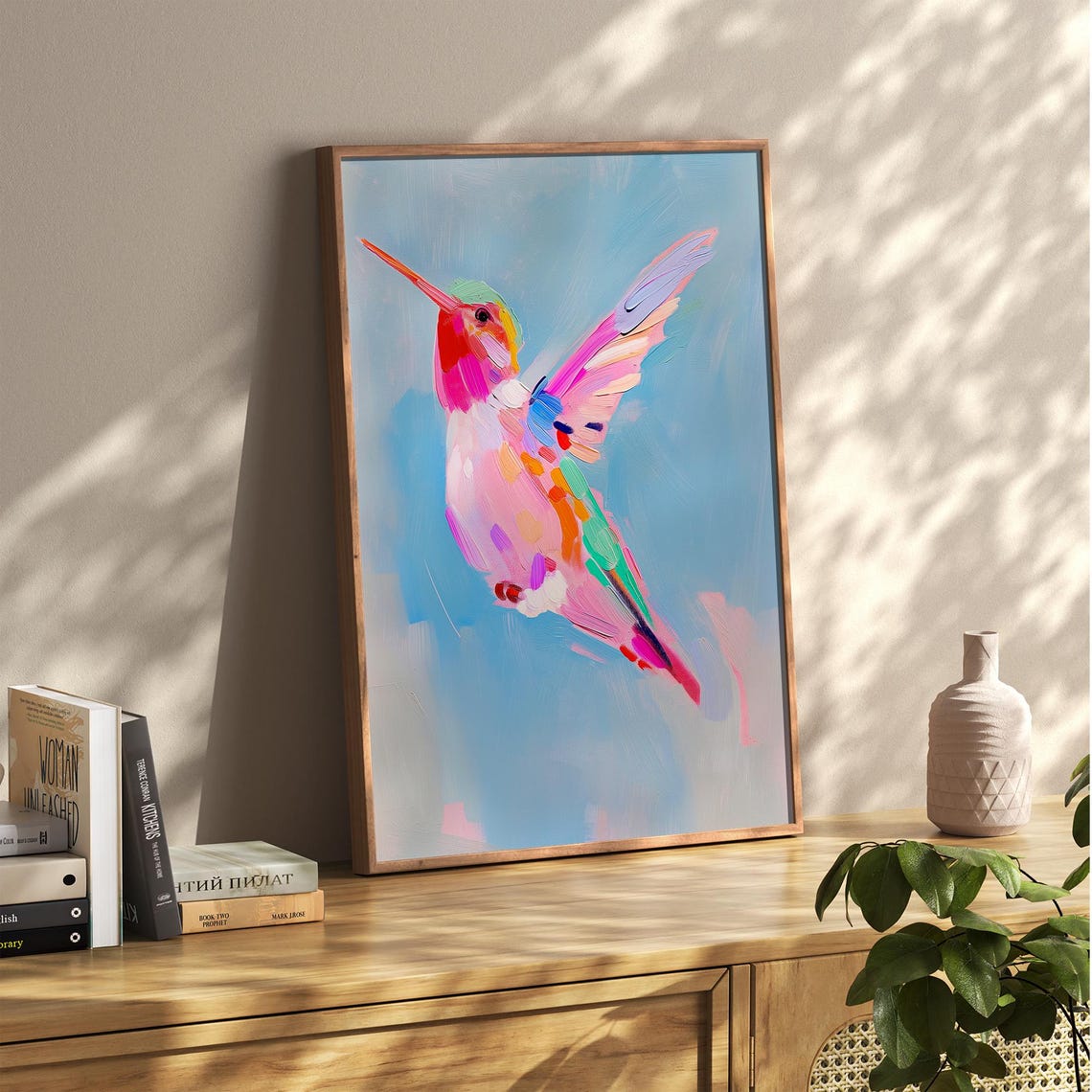 Colorful Hummingbird In Flight Pastel Impressionist Bird Poster - Image 2