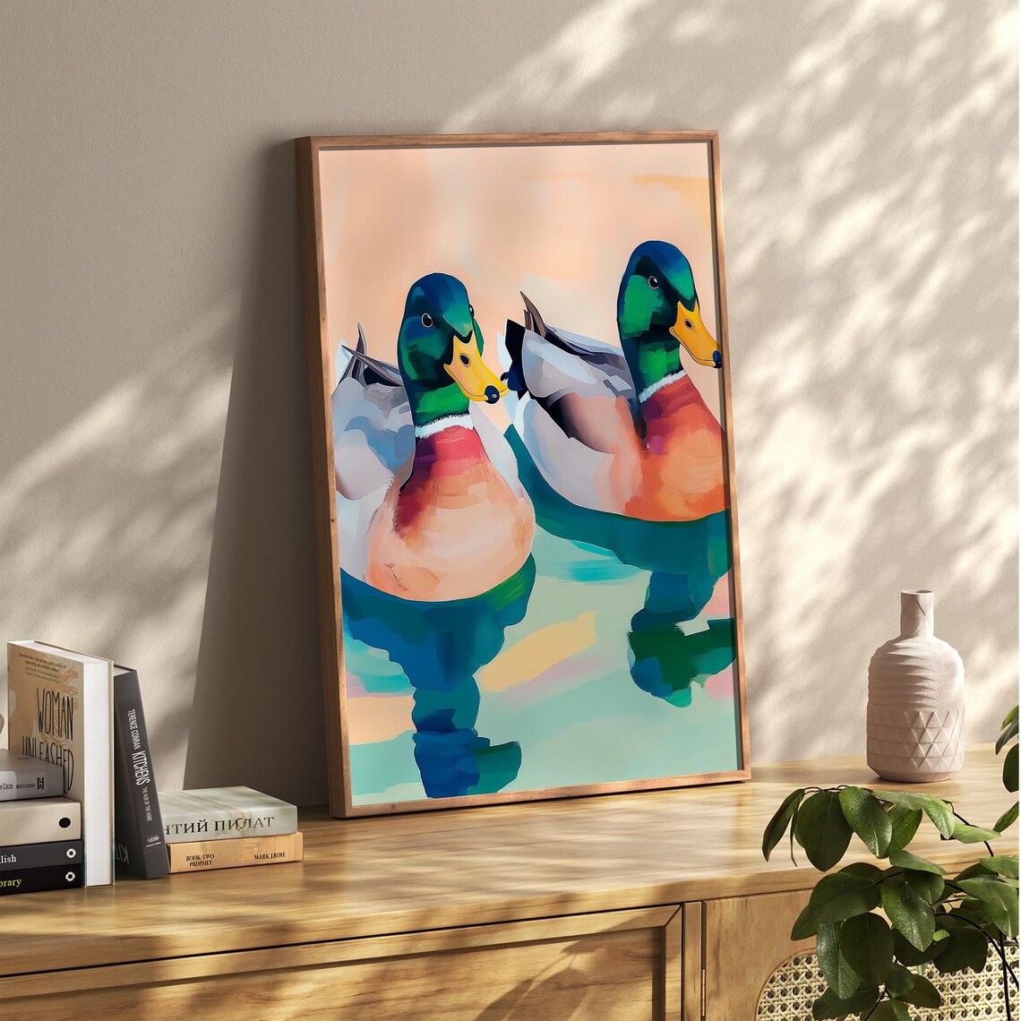 Two Mallard Ducks Swimming in a Colorful Duck Pond Nature Poster - Image 2