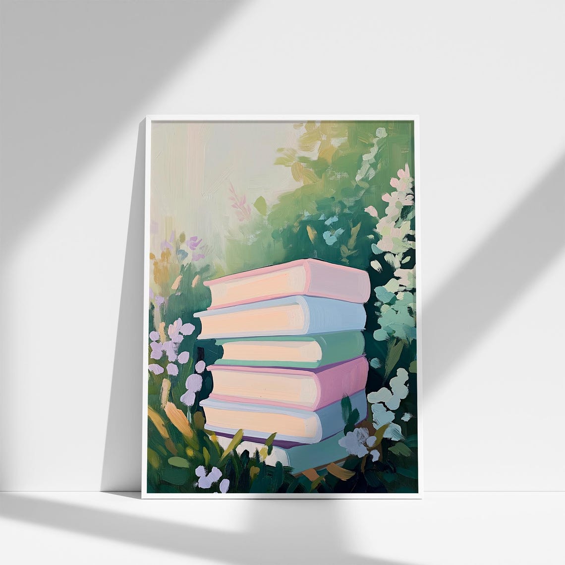 Pastel Book Stack in a Flower Garden Botanical Library Decor Poster - Image 3