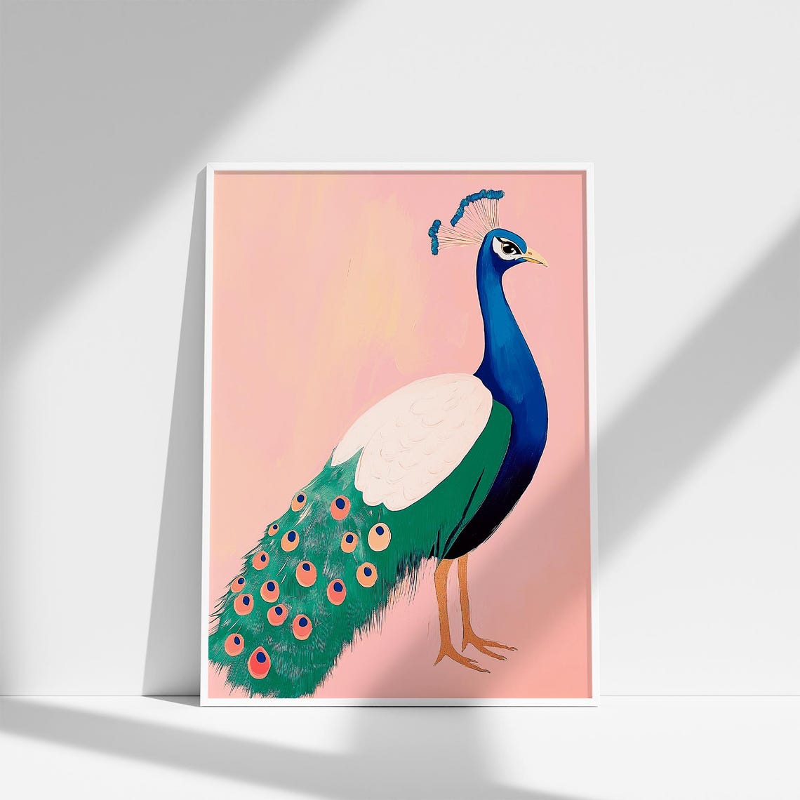 Vivid Blue and Green Peacock on Pink Background Bird Art Poster - Image 3