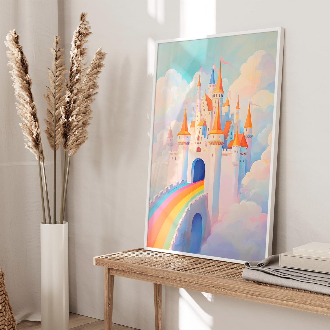 Rainbow Castle in the Clouds Fairytale Princess Nursery Wall Art - Image 2